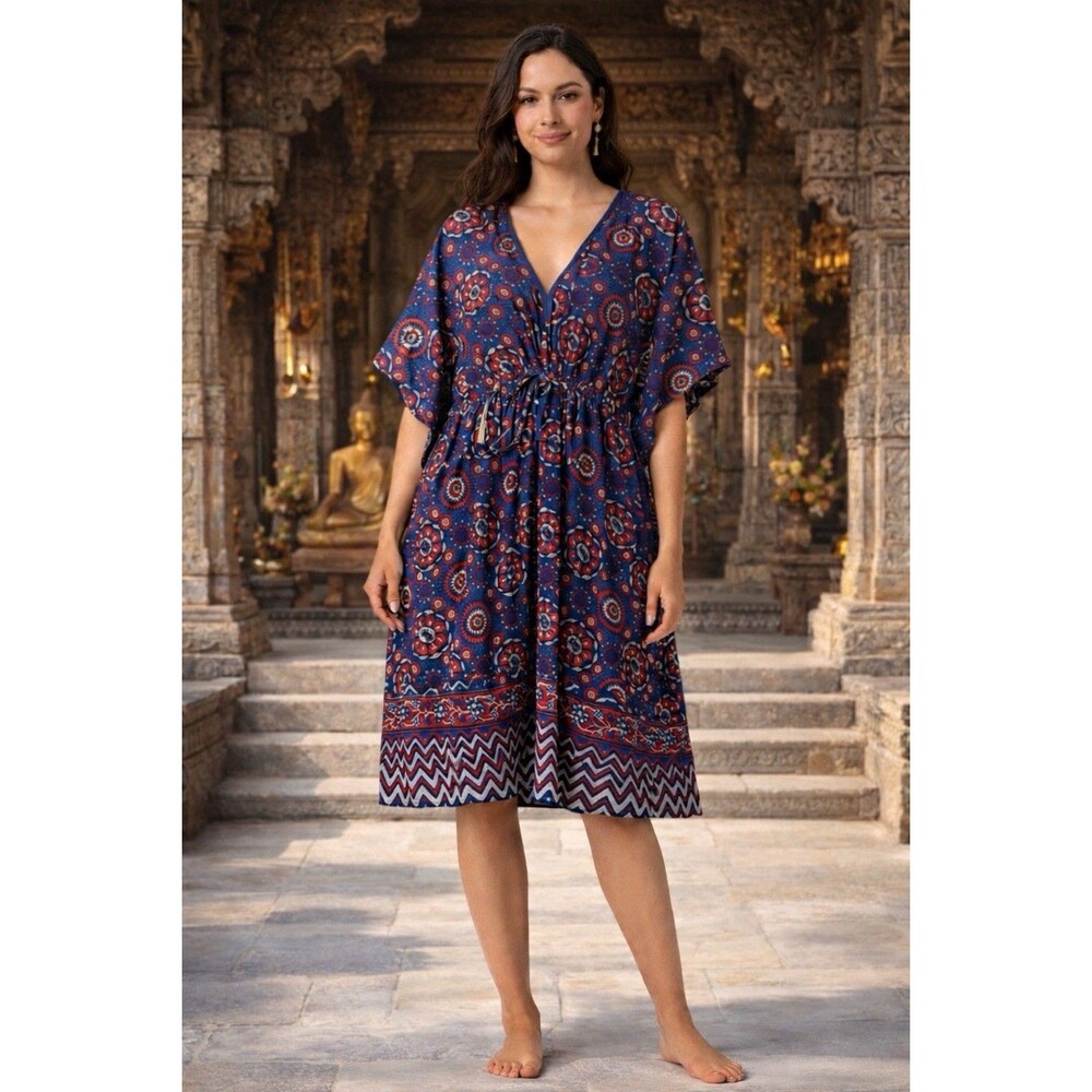 April Cornell Paisley Caftan Cottage-core Dress Size M/L Indigo Peasant